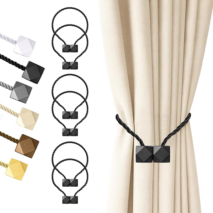Hion Magnetic Curtain Tiebacks Black 6 Pack, Curtain Tiebacks Buckles Holdbacks by Hion