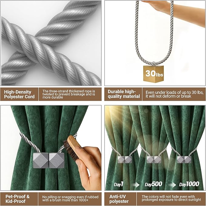 Hion Magnetic Curtain Tiebacks Grey 6 Pack, Curtain Tiebacks Buckles Holdbacks - Image 3