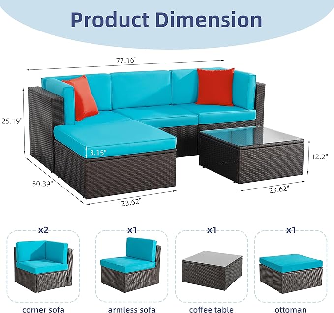 Vongrasig 5 Piece Furniture Sets, All-Weather Brown PE Wicker Outdoor Couch - Image 3