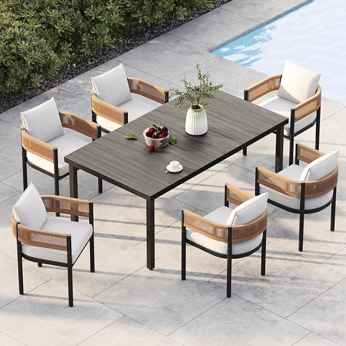 Grand patio Outdoor Dining Set for 6, Metal Woven Wicker Fixed Patio Chairs by GrandPatio