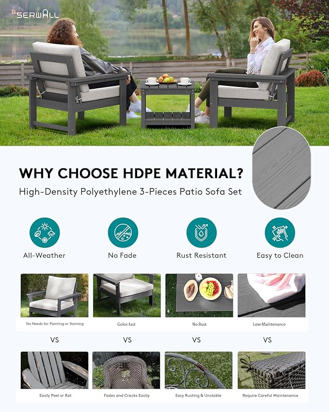 SERWALL HDPE Patio Sofa Set, 3-piece Sectional Outdoor Furniture Set, All - Image 3