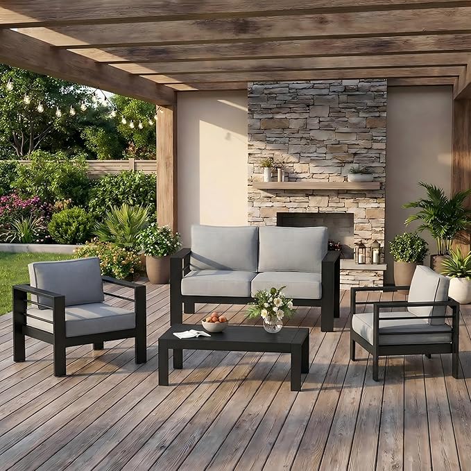 Solaste Aluminum Outdoor Patio Furniture Set, 4 Seats Patio Sectional Sofa by Solaste