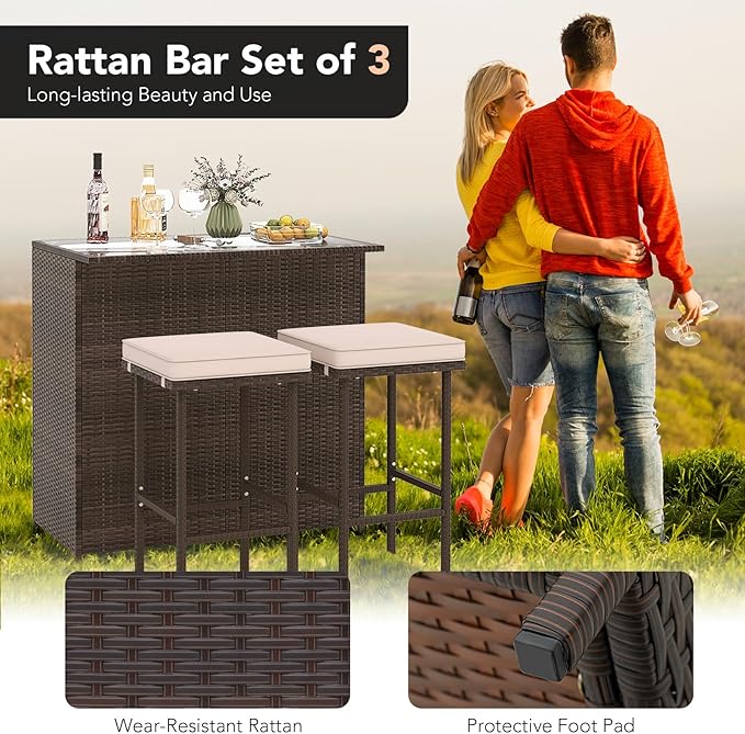 Tangkula 3 Piece Patio Bar Set, Outdoor Rattan Bar Table and 2 Stools - Image 4