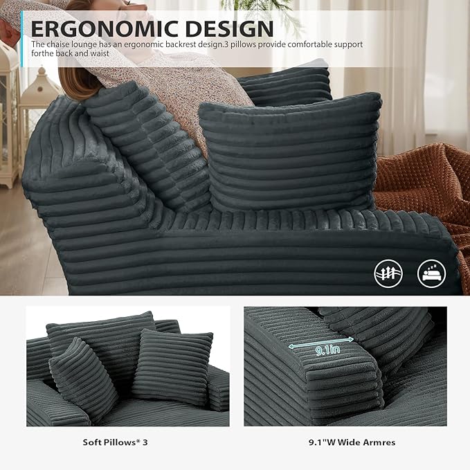 67 Inch Chaise Lounge Chair Indoor, Oversized Corduroy Upholstered Boneless - Image 6