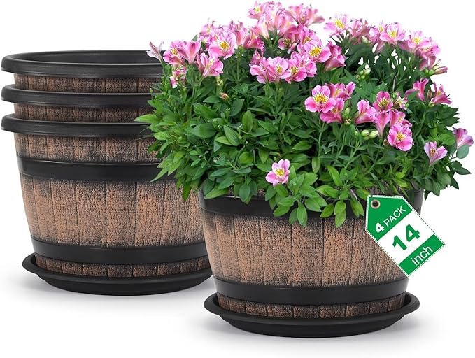 Quarut Large Plastic 4 Pack14 inch Plant Pots, Whiskey Barrel Planters by Quarut