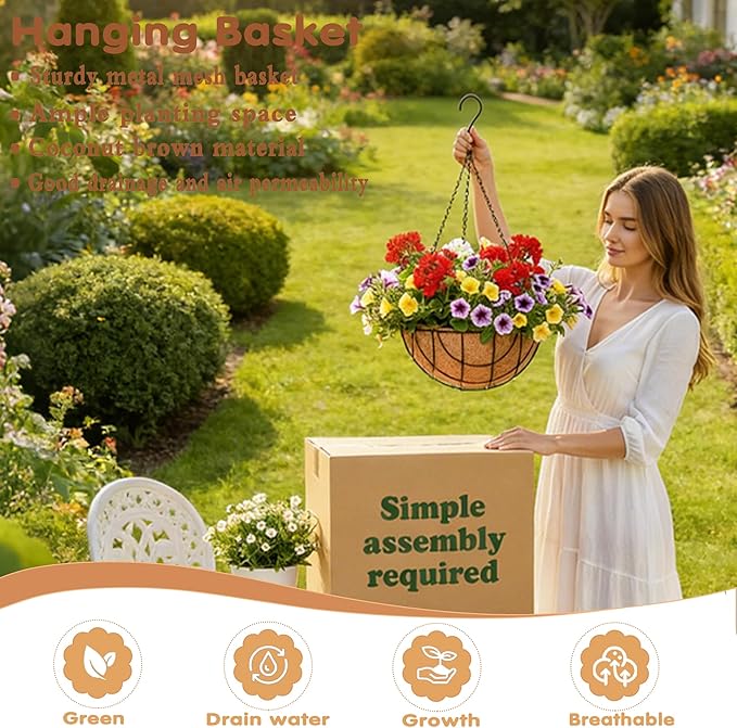 14 inch Metal Hanging Baskets For Plants Outdoor 4 Pack Round Metal Wire - Image 2