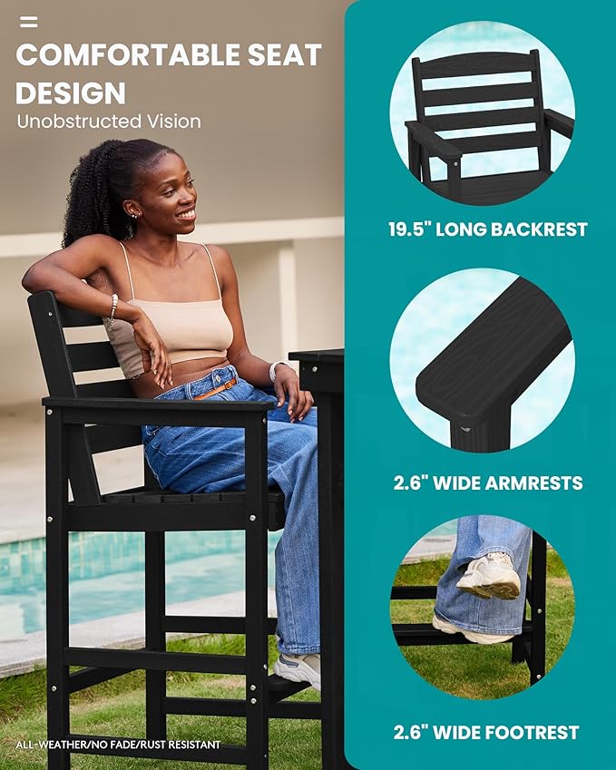 SERWALL Outdoor Bar Table and Chairs Set, Adirondack Bar Chairs Set of 2 and - Image 4