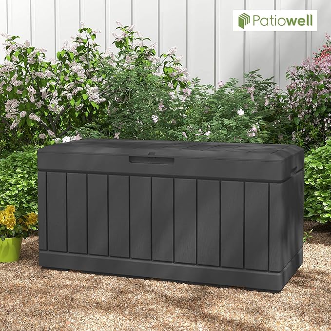 Patiowell 82 Gallon Resin Deck Box, Waterproof Large Wood Look Storage Box - Image 7