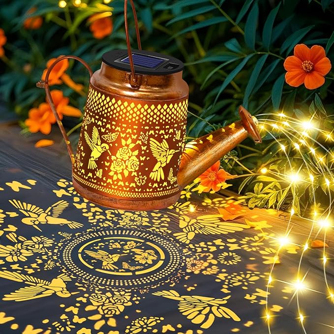 2 Packs Solar Watering Can Lights Hummingbird Garden Decor, Hanging Lanterns - Image 4