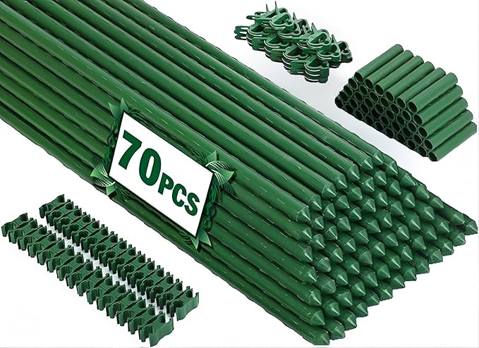 Garden Stakes 70 Pack, 16 Inch Plastic Coated Metal Tomato Stakes, DIY 4ft 5ft by Tegarbed