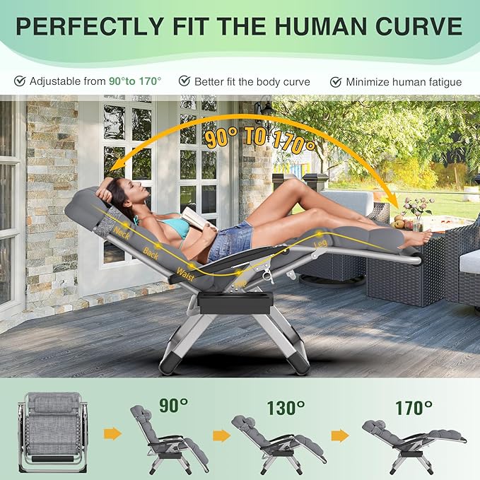 Suteck Oversized Zero Gravity Chair, 33In XXL Outdoor Recliner Chair - Image 4