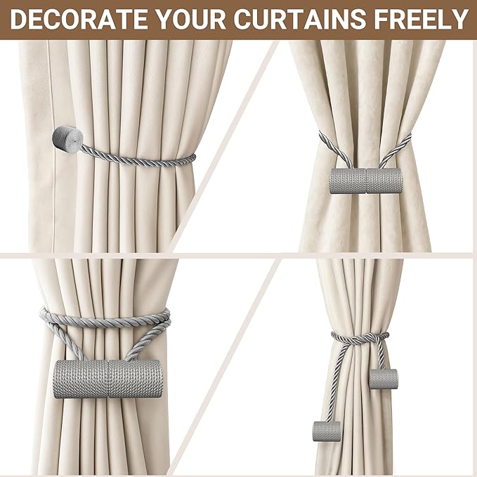 Hion Magnetic Curtain Tiebacks Grey 4 Pack, Curtain Tiebacks Buckles Holdbacks - Image 7