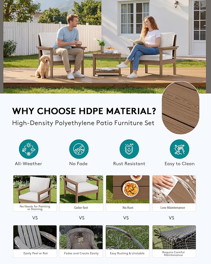 SERWALL HDPE Patio Sofa Set, 3-piece Sectional Outdoor Furniture Set, All - Image 3
