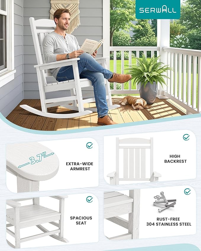 SERWALL Outdoor Rocking Chairs Set of 2, Oversized HDPE Porch Rockers - Image 7