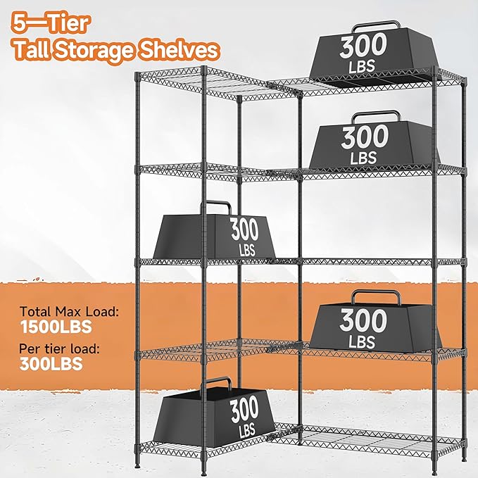 5 Tiers Storage Shelves Load 1500LBS, Metal Shelving Wire Metal Shelving Unit - Image 4