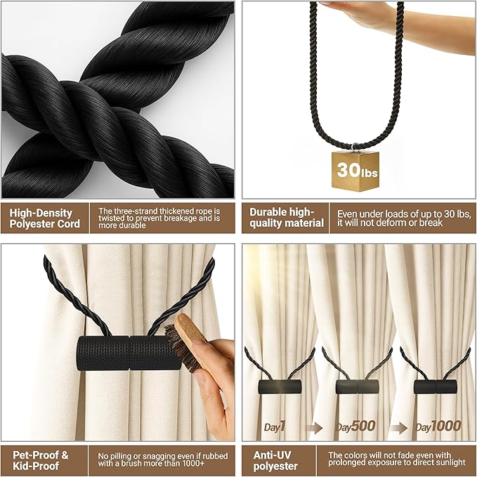 Hion Magnetic Curtain Tiebacks Black 6 Pack, Curtain Tiebacks Buckles Holdbacks - Image 3