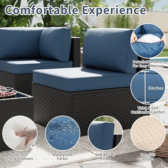 SUNLEI 5 Piece Patio Furniture Sets, Low Back All-Weather Rattan Sectional Sofa - Image 3