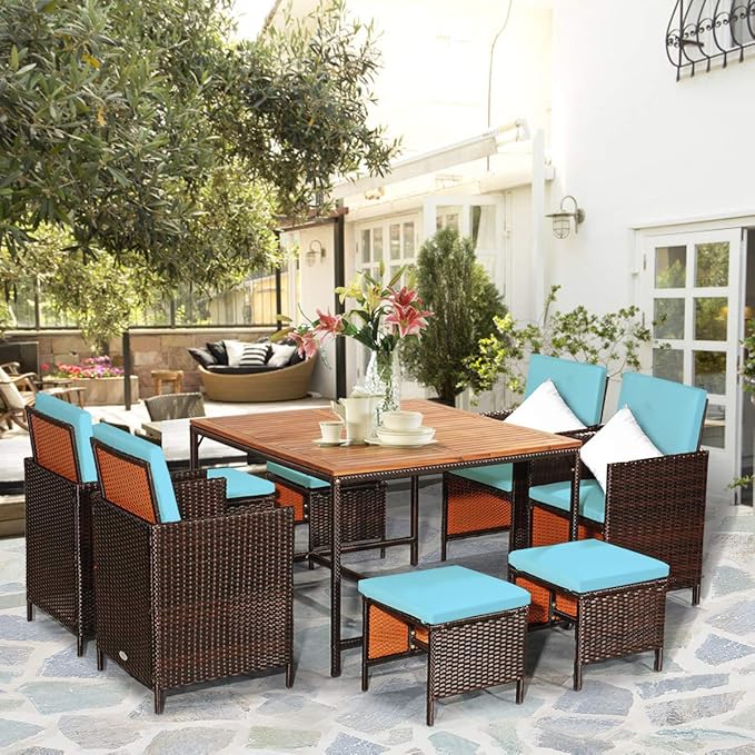 Tangkula 9 Pieces Acacia Wood Patio Dining Set, Space Saving Wicker Chairs and - Image 3
