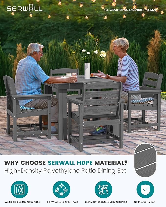 SERWALL Outdoor Dining Set for 4, HDPE Square Table and Chairs Set All Weather - Image 3