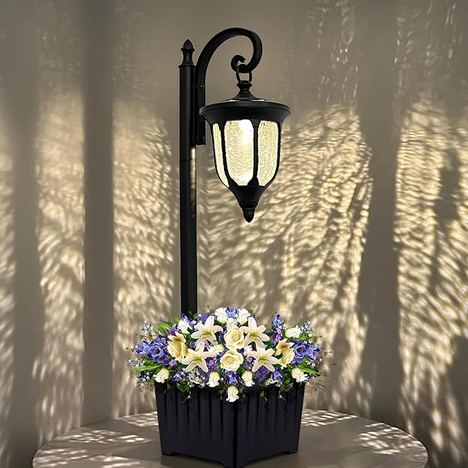 Solar Lamp Post Light with Planter, Outdoor Solar Lights with Crackle Glass by YonaveilLighting