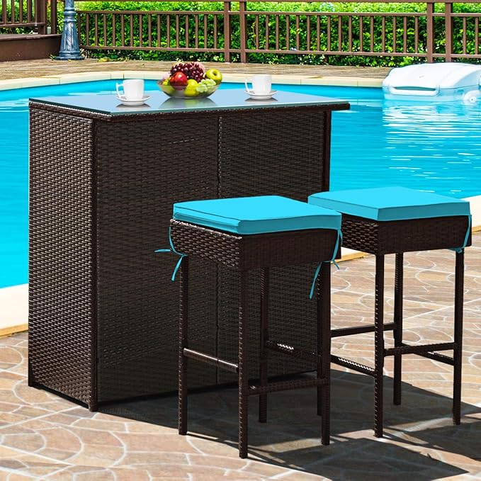 Tangkula Patio Bar Set, 3 Piece Outdoor Rattan Wicker Bar Set by TANGKULA