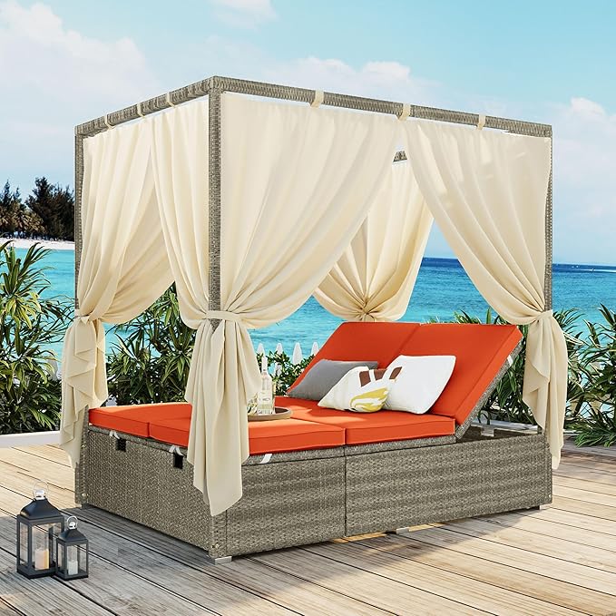 Patio Chaise Lounge, Four-sided Canopy, Overhead Curtain and Orange Cushion by HarperBrightDesigns