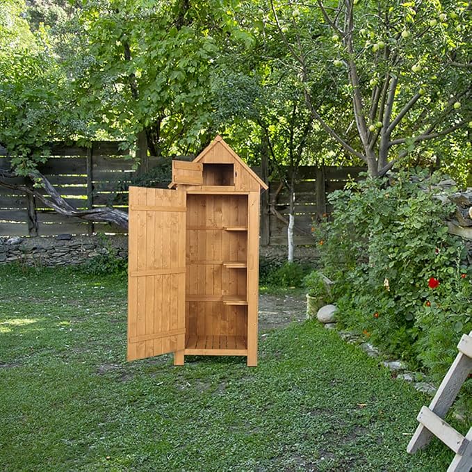 Outvita Outdoor Storage Cabinet, 70in Wooden Vertical Garden Tools Shed - Image 4