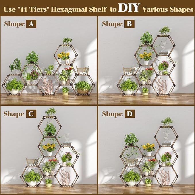 Tikea - Hexagonal Plant Stand Indoor Outdoor Large 11 Tiered Wooden Plant Shelf - Image 6