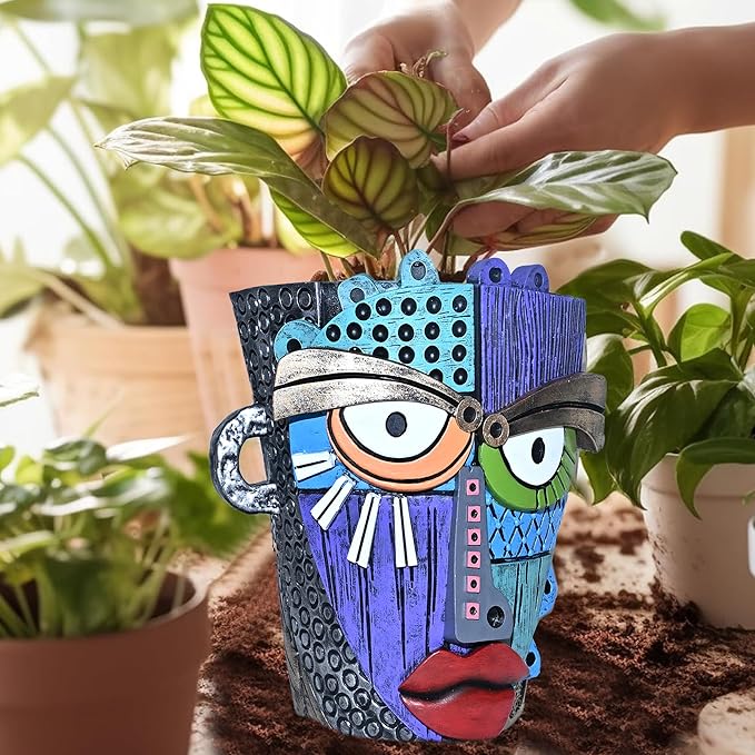 Abstract Face Planter Pots for Plants, Hand-Painted Colorful Flower Pots - Image 2