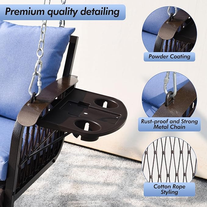 Wicker Porch Swing Heavy Duty 900 LBS 3-Seat Outdoor Patio Swing Chair - Image 5