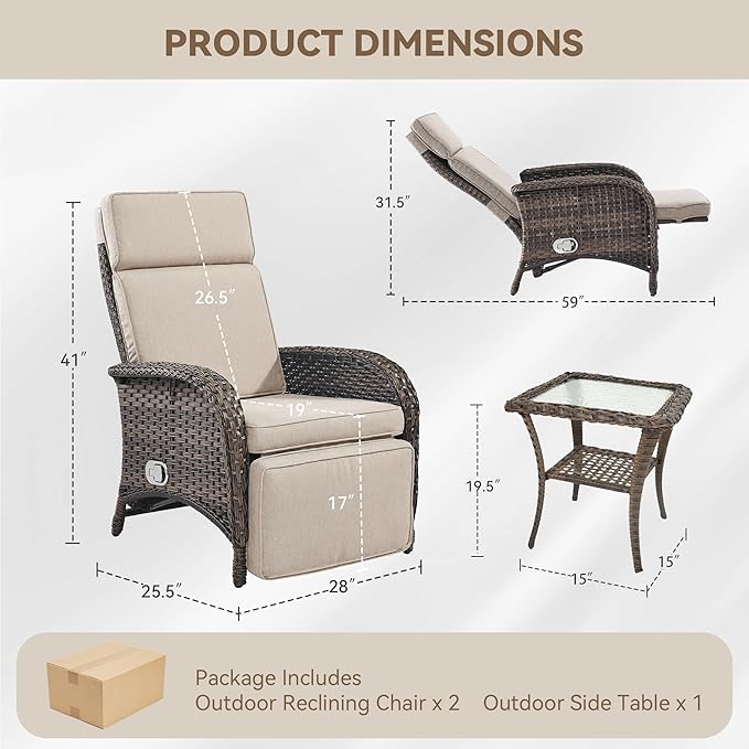 3 Pieces Zero Gravity Wicker Patio Recliner Chairs Set of 2 - Image 2