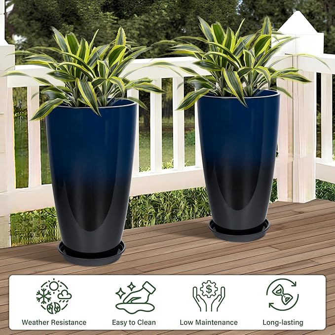 Set of 2 Lightweight Ceramic-Look Tall Planter, 21 inch Large Plastic Planter - Image 2