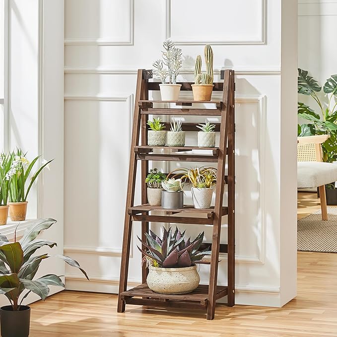 Yaheetech Foldable Ladder Shelf Wooden Plant Stand Indoor Outdoor Shelves No - Image 2