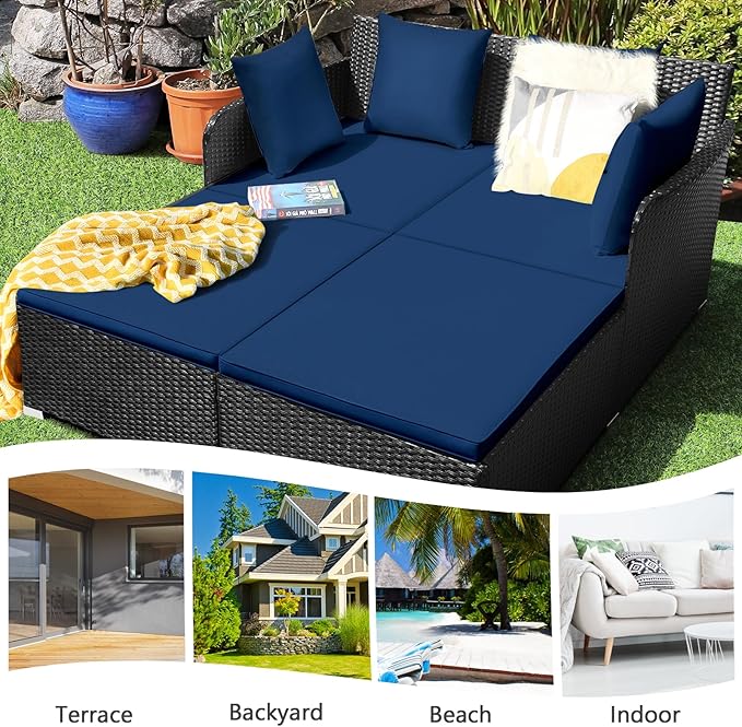 COSTWAY Outdoor Patio Rattan Daybed, Sponge Cushioned Loveseat Sofa - Image 6