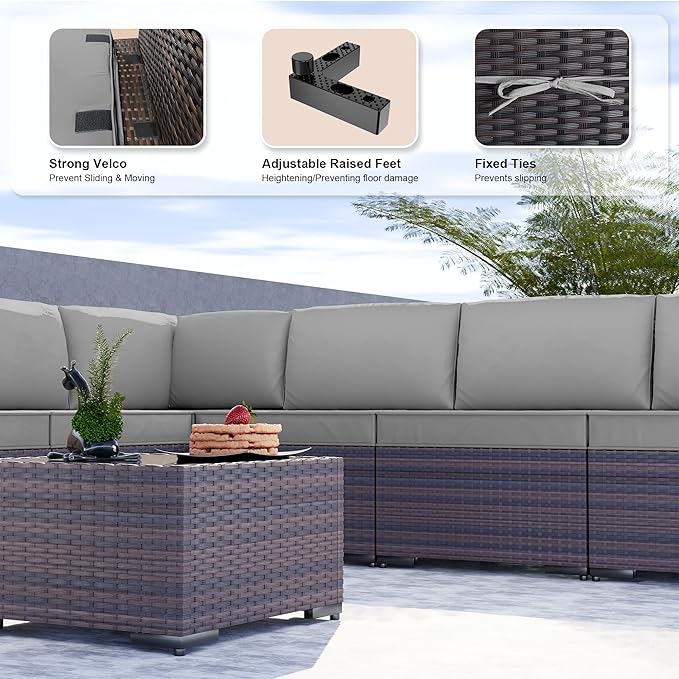 Kullavik 9 Pieces Outdoor Patio Furniture Set PE Wicker Rattan Sectional Sofa - Image 3