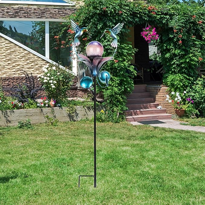 VCUTEKA Solar Lights Outdoor Metal Garden Stake Waterproof Crackle Glass Globe - Image 2