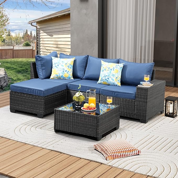 5 Pieces Patio Furniture Set All-Weather Outdoor Wicker Sectional Conversation by JOYURE
