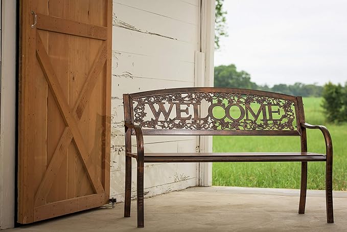 Leigh Country Metal Outdoor Bench, Welcome Design, Decorative Patio Seating - Image 7