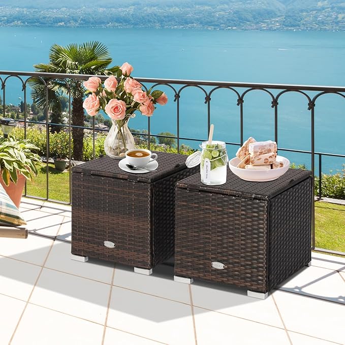 Tangkula 2 Pieces Patio Ottomans, Patiojoy Hand-Woven PE Rattan Side Table - Image 3