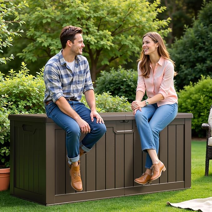 Flamaker Resin Deck Box 250 Gallon, Waterproof Imitation-Wood Lockable Storage - Image 3