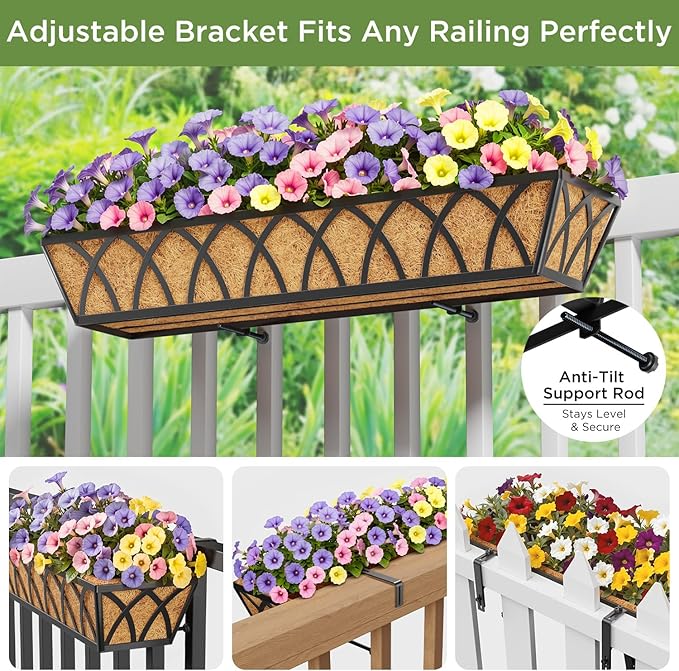 Y&M 30 Inch Window Deck with Coco Liner, Fence Metal Hanging Flower Planter - Image 2