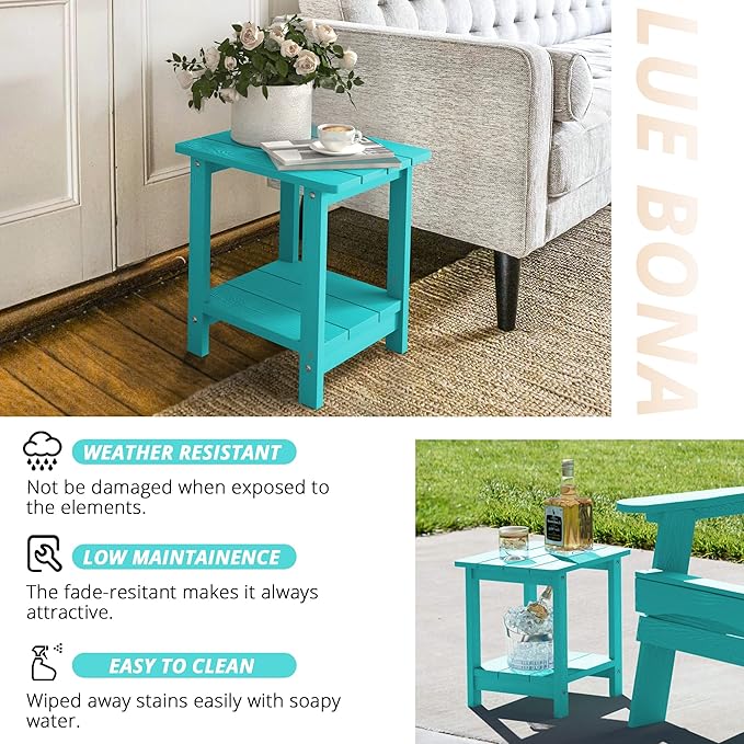 LUE BONA Adirondack Outdoor Side Table, 2-Tier Aruba Blue HDPS Patio End Table - Image 7