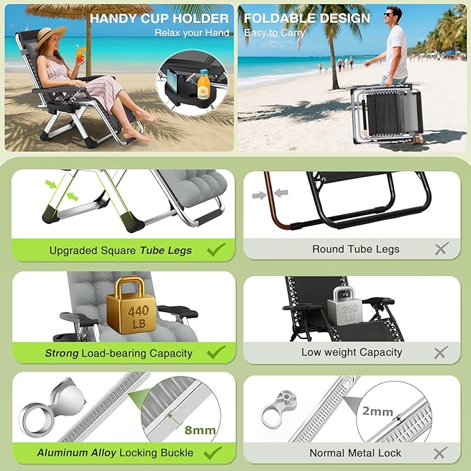 Suteck Zero Gravity Chair Set of 2, Reclining Camping Lounge Chair w/Removable - Image 4