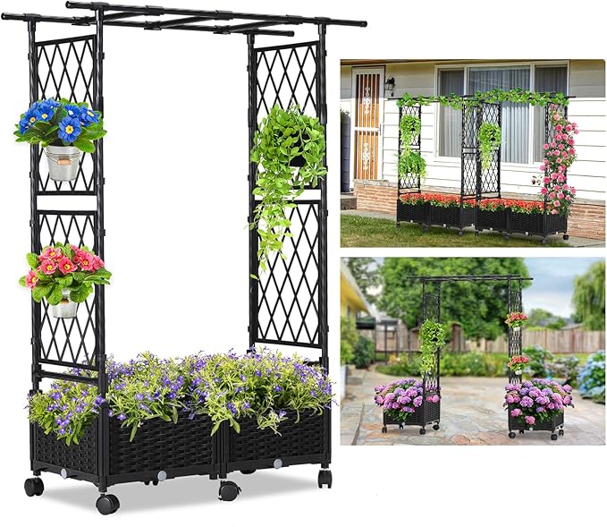 Planter Box with Trellis Outdoor, 53.1in Plastic Raised Garden Bed with Trellis by follook