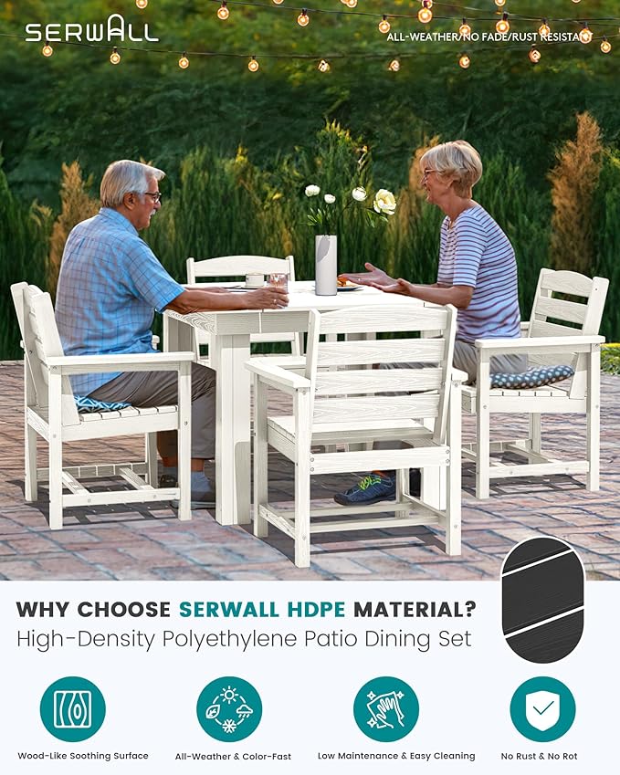 SERWALL Outdoor Dining Set for 4, HDPE Square Table and Chairs Set All Weather - Image 3