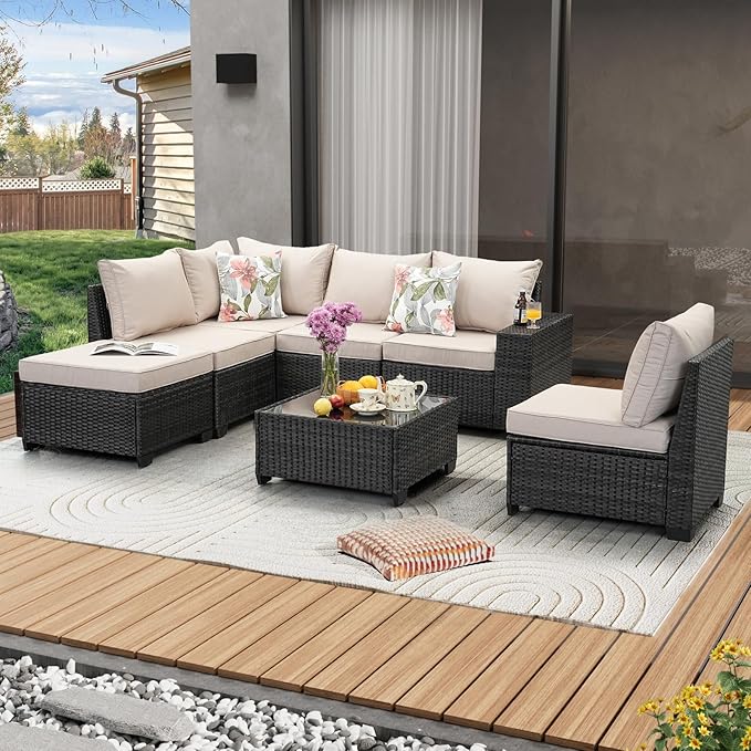7 Pieces Patio Furniture Set All-Weather Outdoor Wicker Sectional Conversation by JOYURE