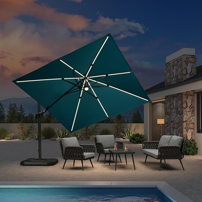 PURPLE LEAF 10 Feet Patio Umbrella Outdoor Cantilever Solar Powered LED Swivel by PURPLELEAF