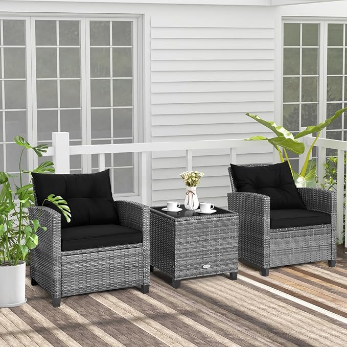 Tangkula 3 Pieces Patio Furniture Set, Outdoor PE Rattan Conversation Chair Set - Image 6