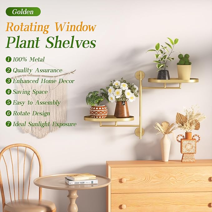 Window Rotating Plant Stand Shelf Indoor Gold Metal Floating Shelves 2-Tier - Image 3