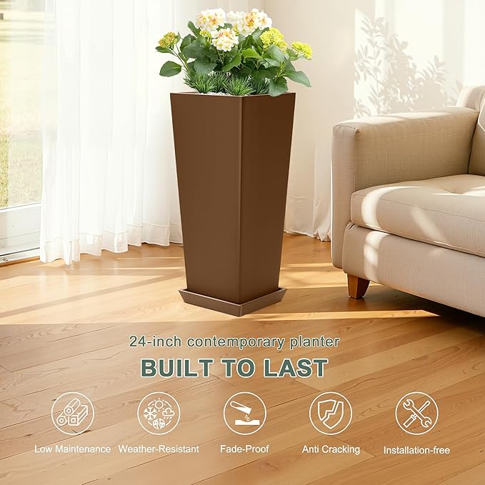Set of 2 Large Planters for Outdoor Plants 24" Tall Tapered Modern Flower Pots - Image 3